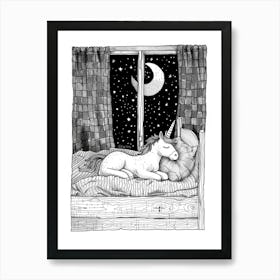 Unicorn Lying In Bed With The Moon Black & White Doodle 3 Art Print