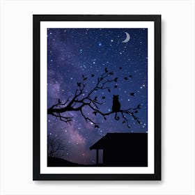 Cat On A Branch At Night Art Print