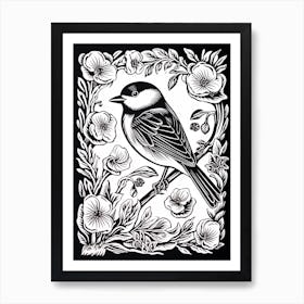 B&W Bird Linocut Carolina Chickadee 1 Art Print