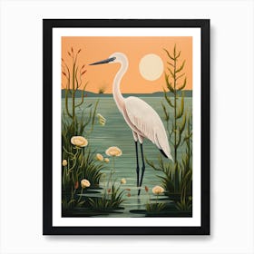 Vintage Bird Linocut Egret 1 Art Print