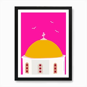 Santorini Travel Greece Hot Pink And Yellow Art Print