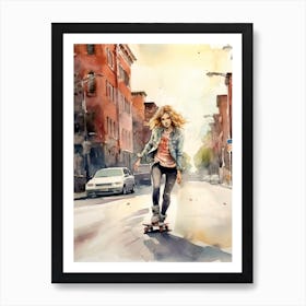 Girl Skateboarding In Montreal, Canada Watercolour 1 Art Print
