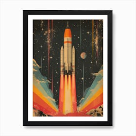 Space Odyssey: Retro Poster featuring Asteroids, Rockets, and Astronauts: Space Shuttle Launch Canvas Print Art Print