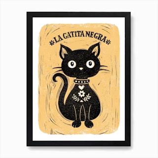 Black Cat Lino Cut Art Print