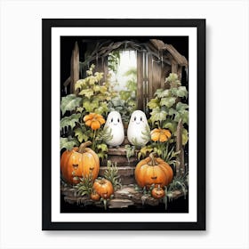 Cute Bedsheet Ghost, Botanical Halloween Watercolour 30 Art Print