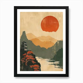 Japan Lake At Sunset Mid Century Modern Art Print