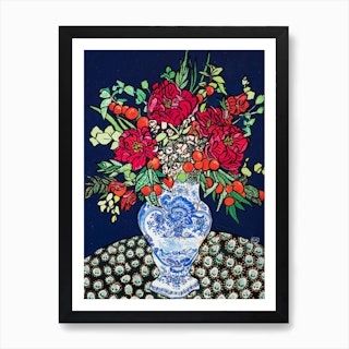 Peony Bouquet In Delft Vase Art Print