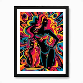 Psychedelic Woman And Cat Art Print
