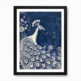 Navy & Cream Linocut Inspired Peacock In The Plants 4 Art Print