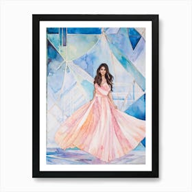 Watercolor Painting Of A Woman Exuding Grace And Nobility Set Against A Backdrop Of Geometric Shapes Art Print