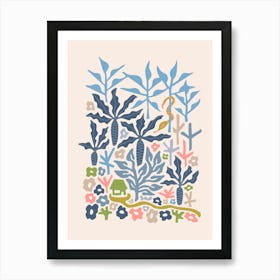 SNAKE IN THE GRASS-3 Tropical Floral Botanical with Jungle Palm Trees and Flowers in Pastel Pink Blue Green and Gray Art Print