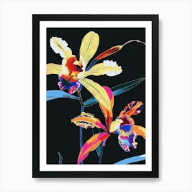 Neon Flowers On Black Monkey Orchid 1 Art Print