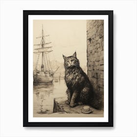 A Curious Cat At The Docks Sepia Etching Art Print