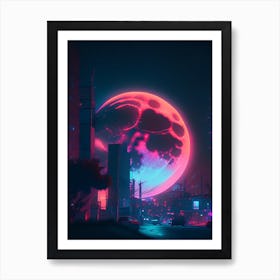 Full Moon Neon Nights Space Art Print