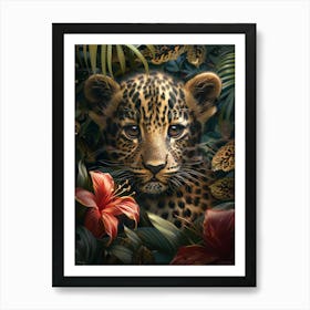 A Happy Front faced Leopard Cub In Tropical Flowers 4 Art Print
