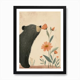 Sloth Bear Sniffing A Flower Storybook Illustration 1 Art Print