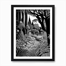 Christchurch Botanic Gardens, 1, New Zealand Linocut Black And White Vintage Art Print