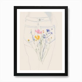 Blue Jeans Line Art Flowers 5 Art Print