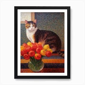Ranunculus With A Cat 1 Pointillism Style Art Print