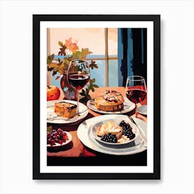 Atutumn Dinner Table With Cheese And Wine, Painting Art Print