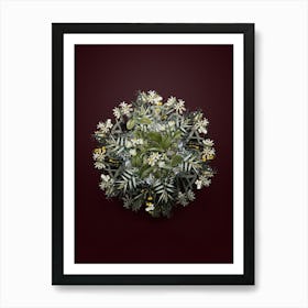 Vintage Snowdrop Bush Flower Wreath on Wine Red n.2653 Art Print