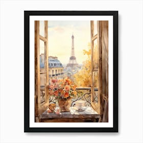 Window View Of Paris France In Autumn Fall, Watercolour 3 Art Print