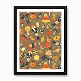 Scattered Christmas Toys, Ornaments, and Treats Yellow Orange Taupe Art Print