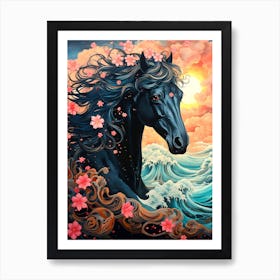 Black Horse In The Sea Art Print