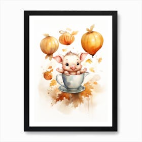 Tea Cup Pig Flying With Autumn Fall Pumpkins And Balloons Watercolour Nursery 2 Art Print