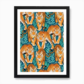 The Hunt Golden Orange Tigers On Teal Blue Art Print