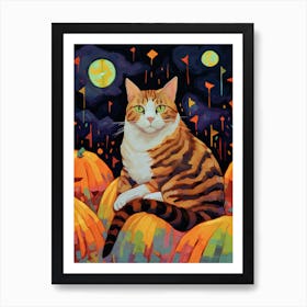 Ginger Cat With Pumpkins Autumn Fall Oil Painting Art Print