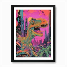 Neon Dinosaur Cityscape Portrait Art Print