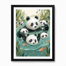 Giant Panda Family Swimming In A River Storybook Illustration 1 Art Print