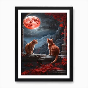 Two Cats Looking At The Moon Art Print