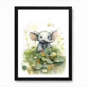 Elephant Painting Collecting Coins Watercolour 3 Art Print