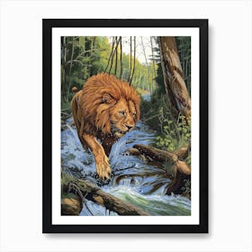 African Lion Relief Illustration Crossing A River 1 Poster