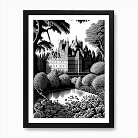 Château De Chenonceau Gardens, France Linocut Black And White Vintage Art Print