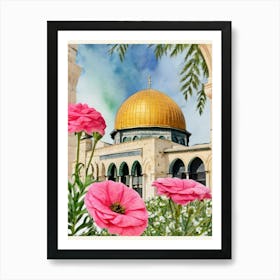 Dome Of The Rock and flowr watercolor Art Print