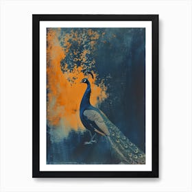 Blue & Orange Peacock By The Water Art Print