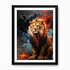 Lion In Flames painting Art Print