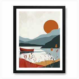 Red Boat On The Lake, Scandinavian Simplicity Art Print