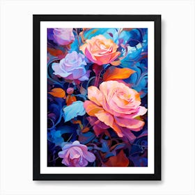 Pink Roses In A Blue Garden Art Print