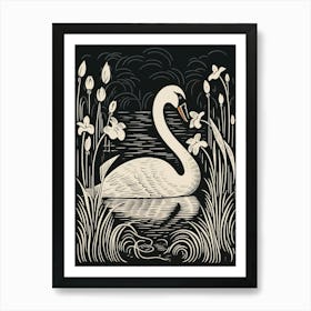 B&W Bird Linocut Swan 2 Art Print
