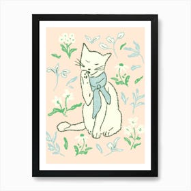 Cat Licking Paw in wildflowers Affiche