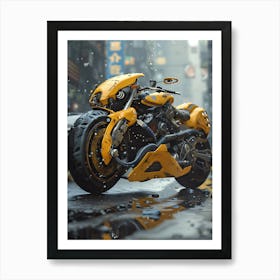 Yellow Motorcycle In The Rain Art Print