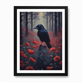 THE RAVEN Painting in Red Poppy Dark Aesthetic Woods on a Full Moon by Sarah Valentine Art Print