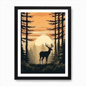 Deer Silhouette In The Forest Art Print