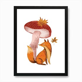 Watercolor Fox And Mushroom Art Print