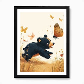 American Black Bear Cub Chasing After A Butterfly Storybook Illustration 1 Art Print