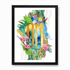 Om Botanical And Floral Text With Humming Bird In Gold, Pink, Blue And Green, Yoga, Spiritual, Wellbeing Art Print